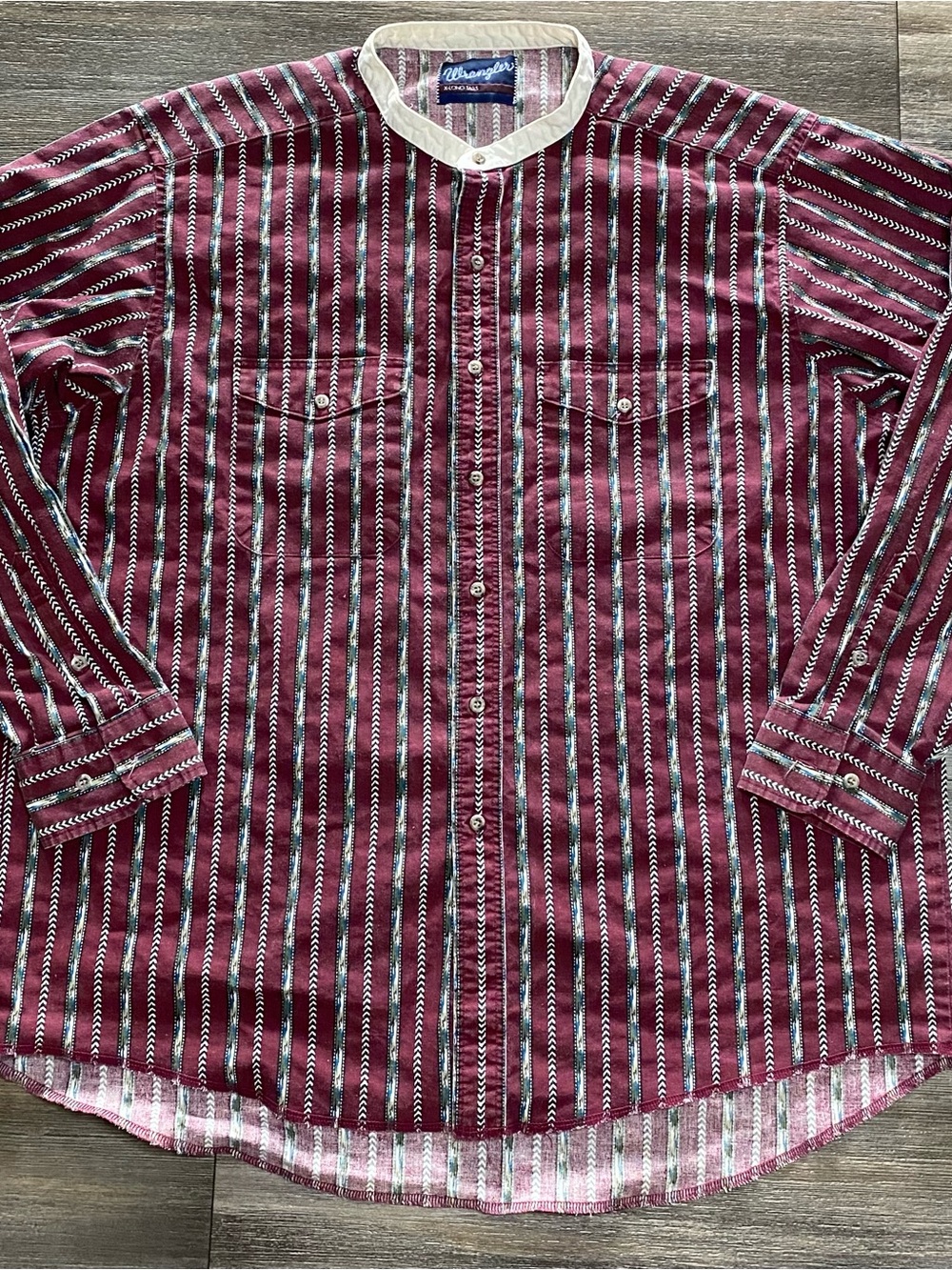 Vintage Wrangler X Long Tails Shirt Mens XL Burgundy Striped Band Collar West